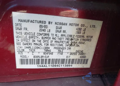 2004 Nissan Altima 2.5 S from USA, damaged, VIN 1N4AL11D94C113894